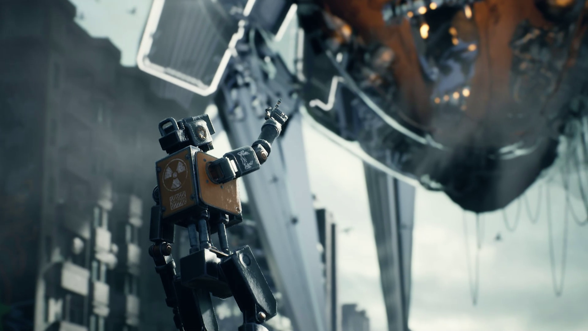 Robot gesturing towards a giant, shattered mechanical head in an apocalyptic city, a Johnny Liang animation using Unreal Engine 5