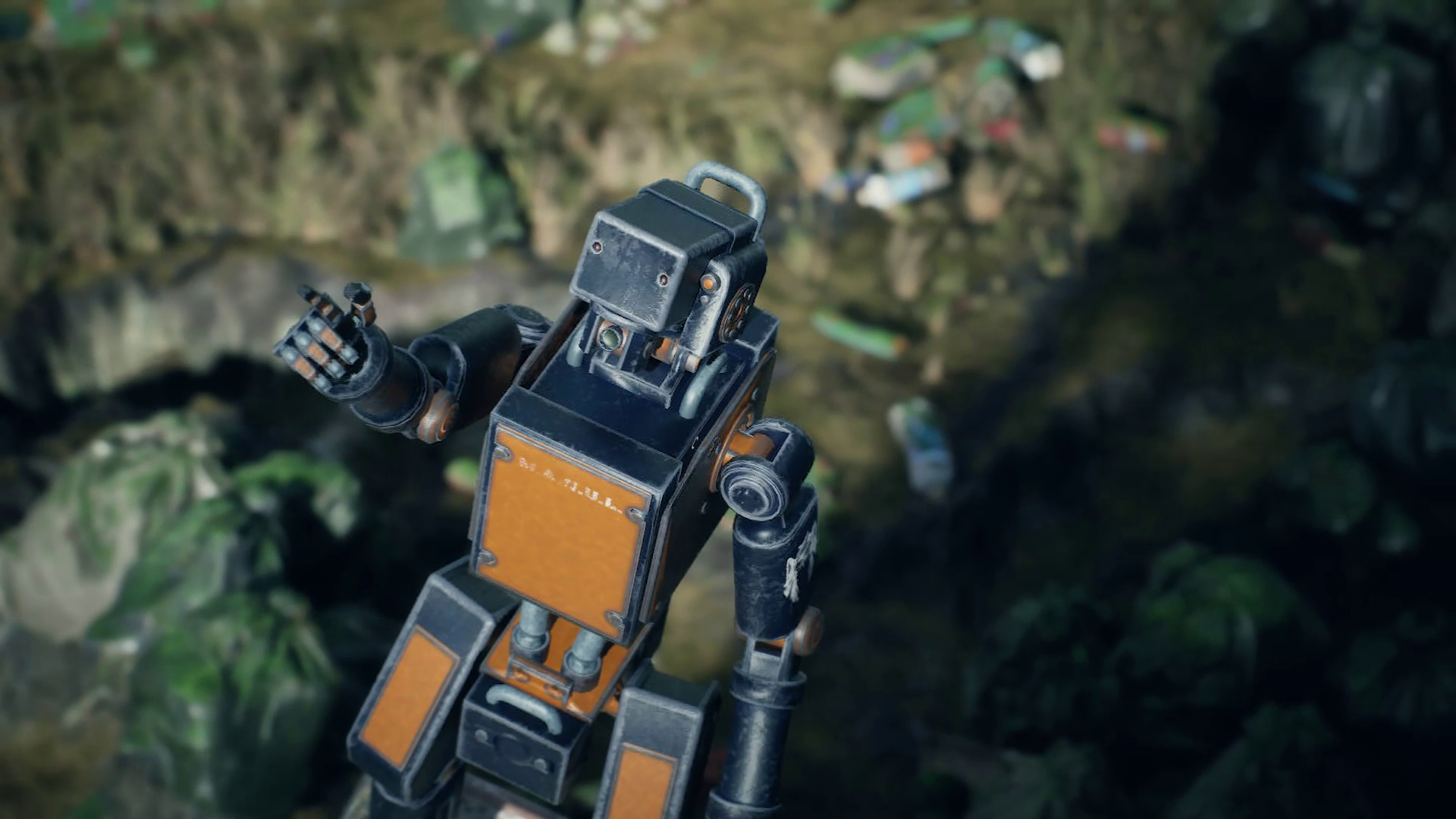 Johnny Liang's Unreal Engine 5 animation of a robot with a hand raised, poised against a blurred natural backdrop