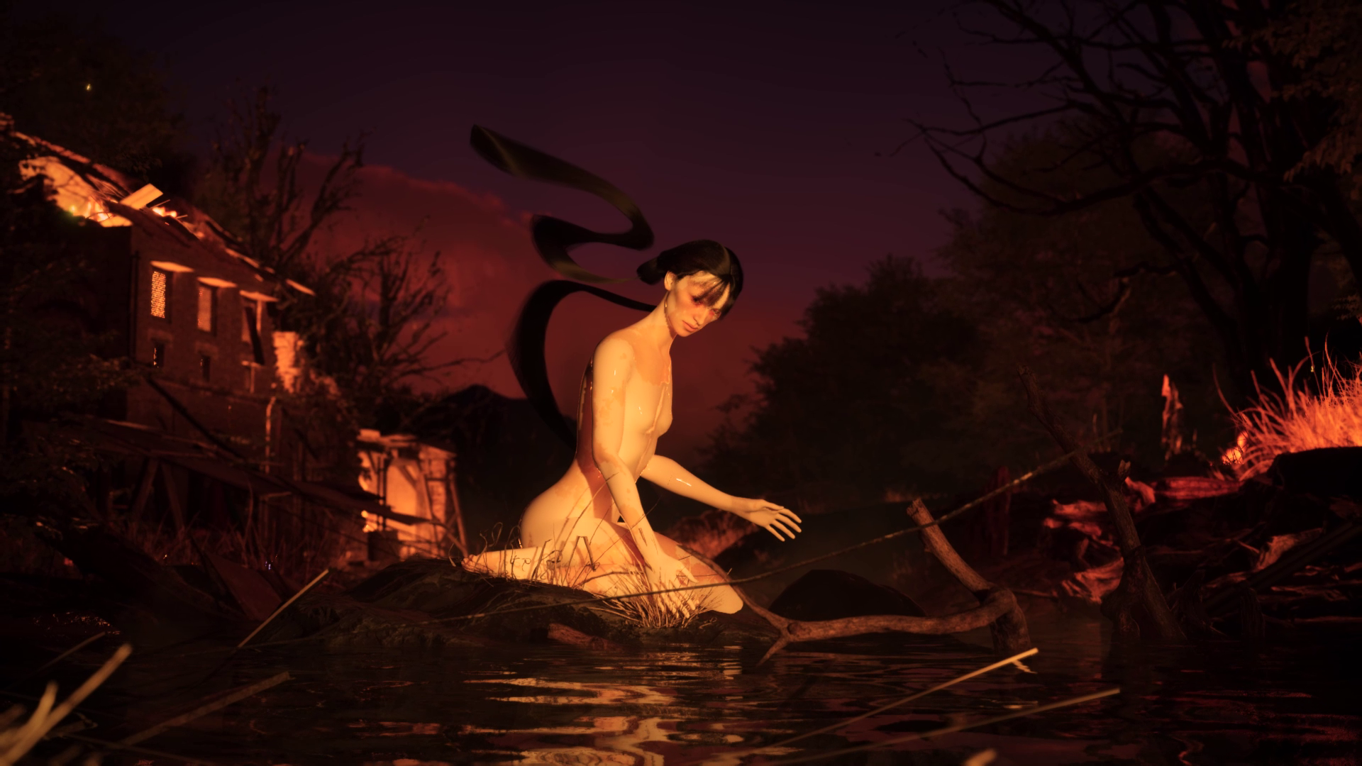 Unreal Engine 5 art by Johnny Liang of a mythical creature emerging from water against a fiery backdrop