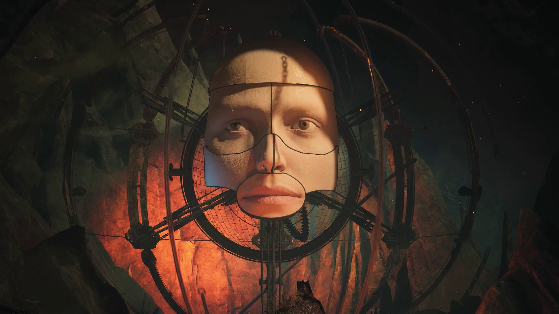 Surreal face segments encased in a dark, mechanical orb against a fiery backdrop, created using Unreal Engine 5