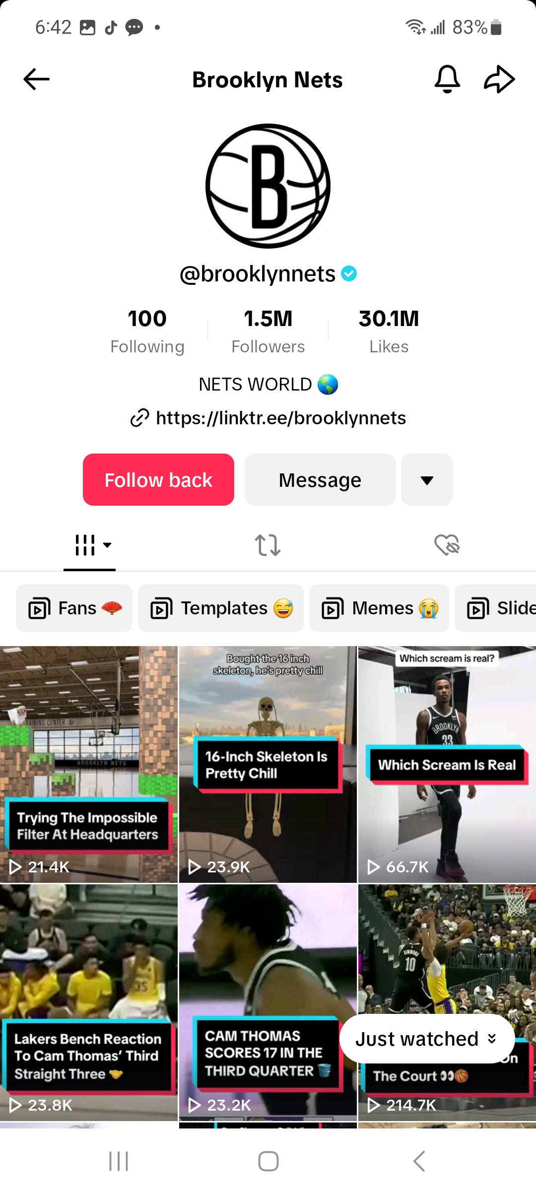 The official Brooklyn Nets Tiktok account followed me.