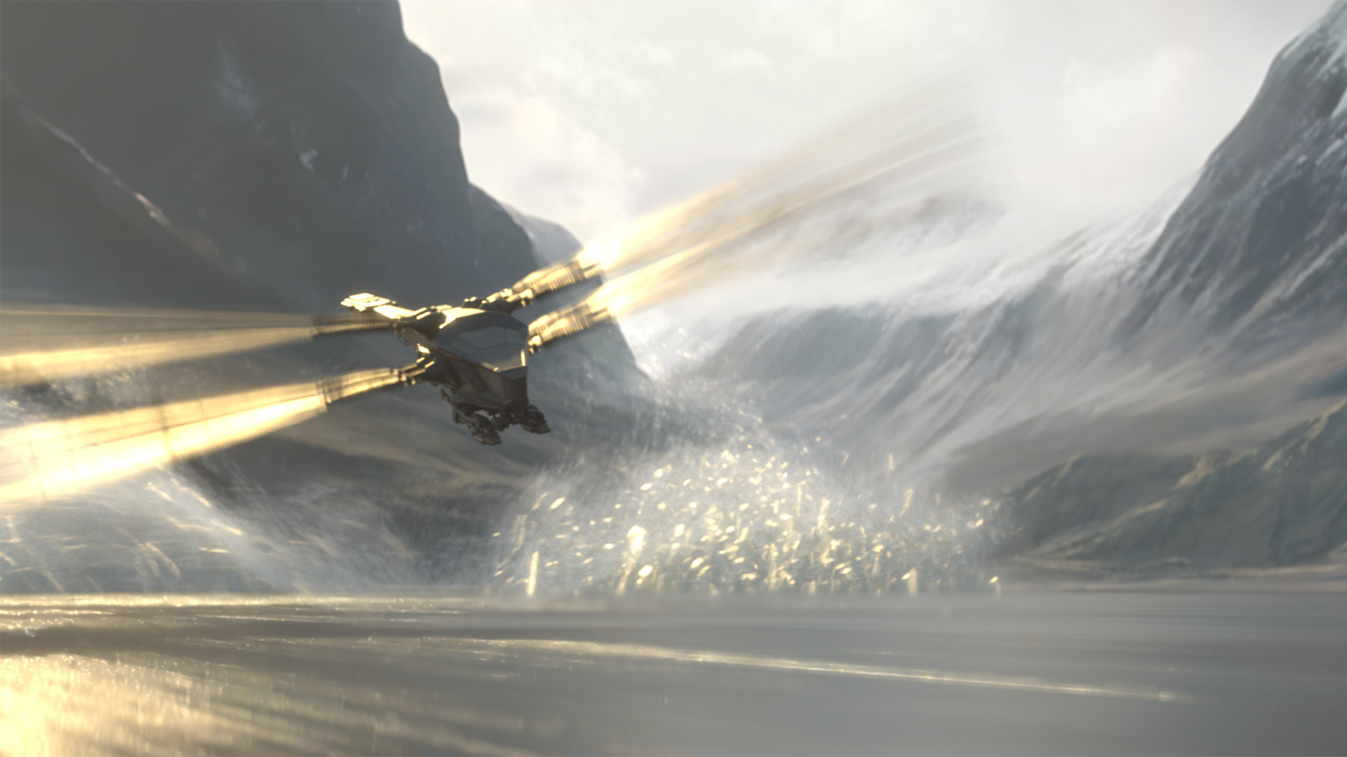 DUNE Ornithopter soars over dam on planet Caladan