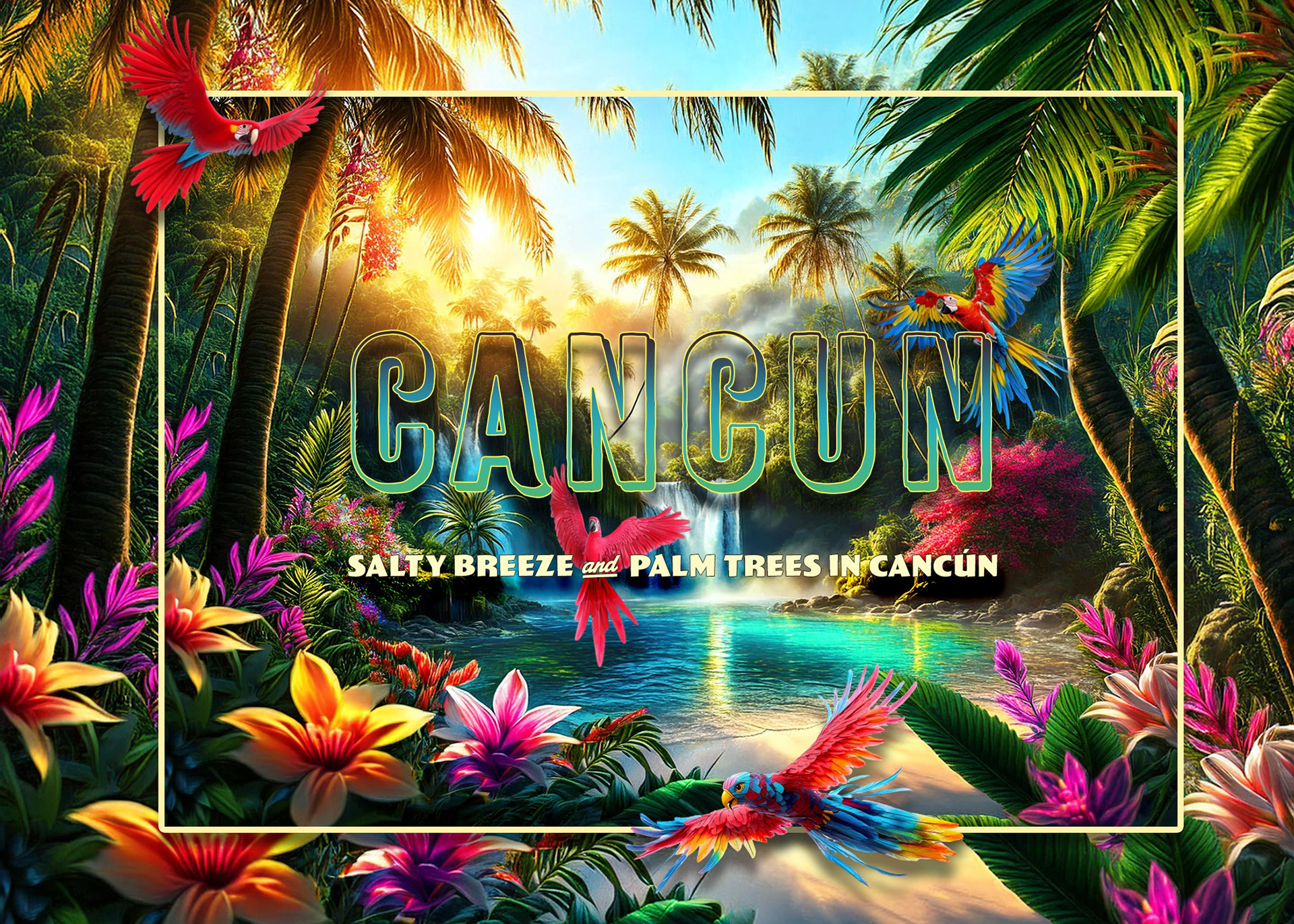 Colorful travel poster of Cancún with tropical flowers, palm trees, parrots, and layered text reading 'Salty Breeze and Palm Trees in Cancún' — designed using Photoshop layer basics."