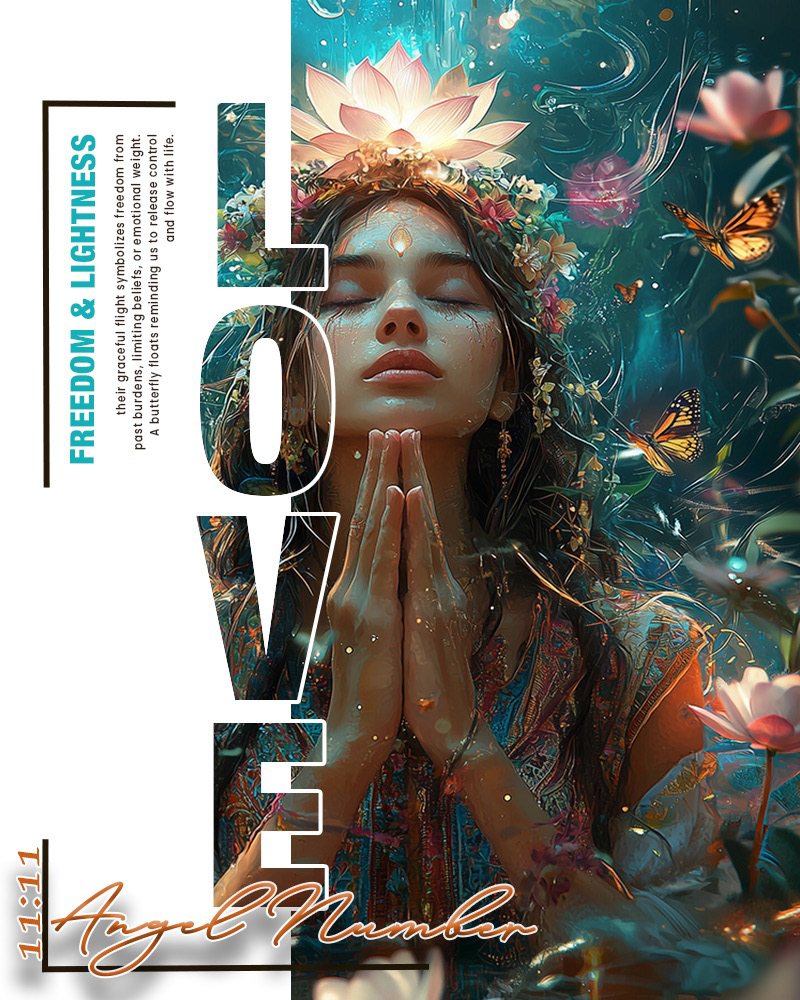 Poster montage featuring a spiritual woman in prayer with lotus flowers, butterflies, and 11:11 symbolism — designed with Photoshop layering, cosmic colors, and ethereal lighting effects.