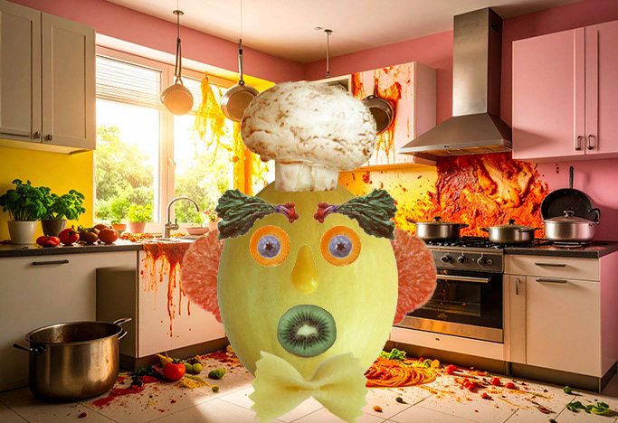Funny Photoshop collage of a fruit-and-vegetable character in a chaotic kitchen, created using selection tools and digital layering