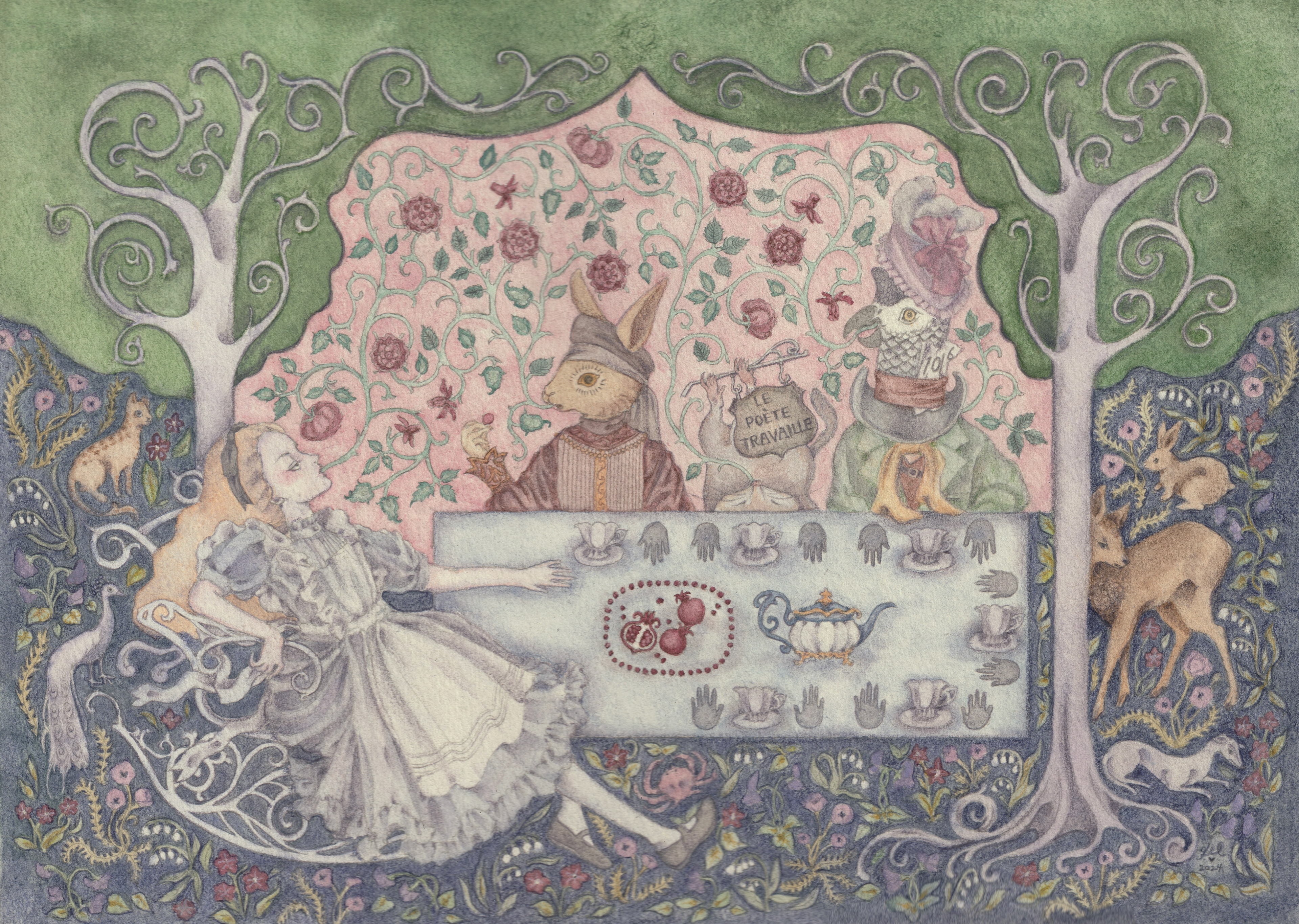 シュルレアリスのお茶会 Surrealice’s tea party (2024) 水彩、色鉛筆、紙
