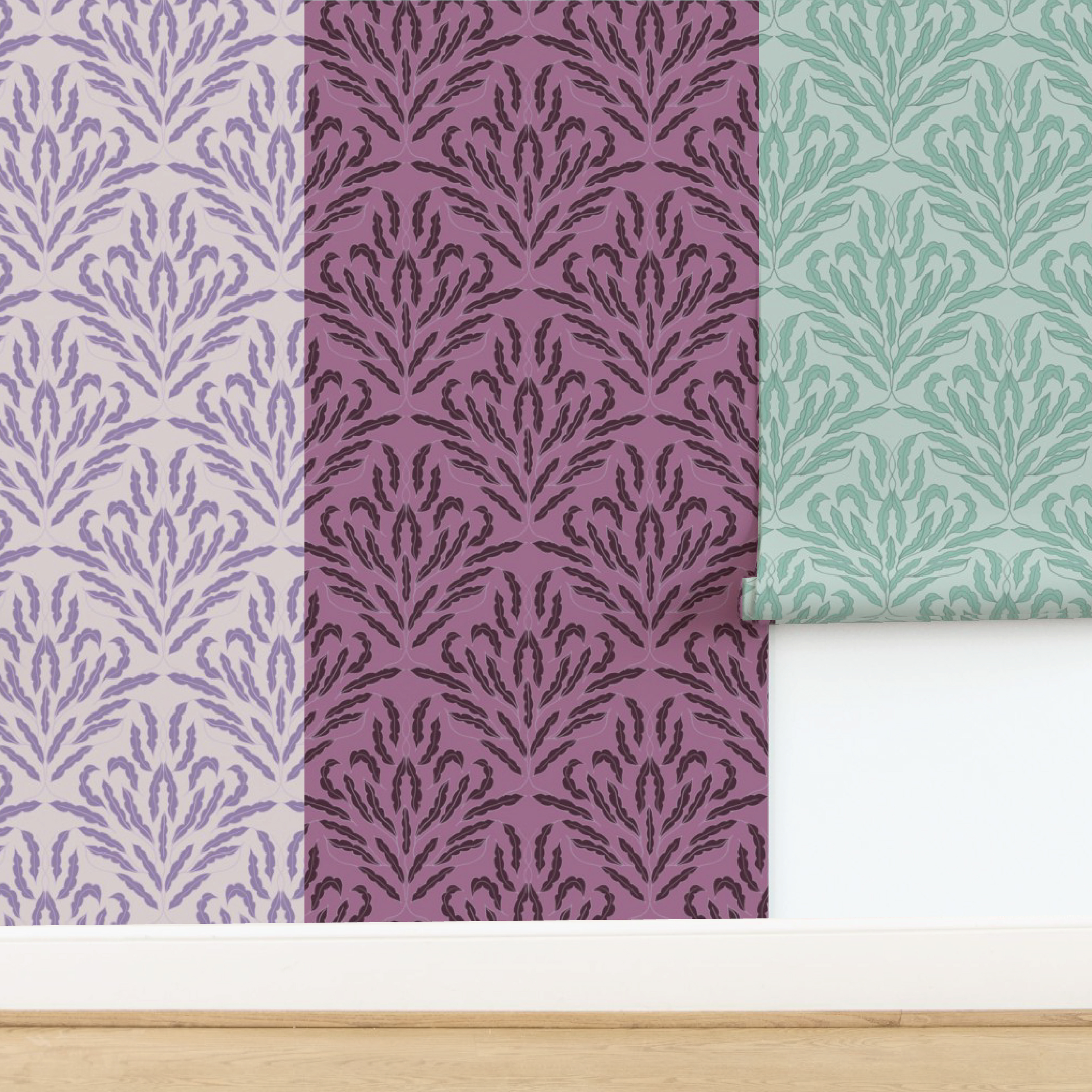 Meandering Leaf Vine in Mauve Drift, Dusk Meadow & Mint Drift