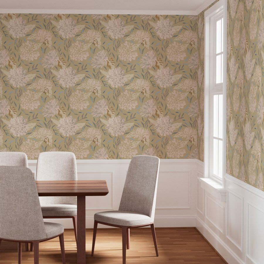 Dining room interior featuring tan dahlia floral wallpaper with white wainscoting, wooden table, and upholstered chairs; heritage‑inspired muted tones shown with three colourway swatches below.