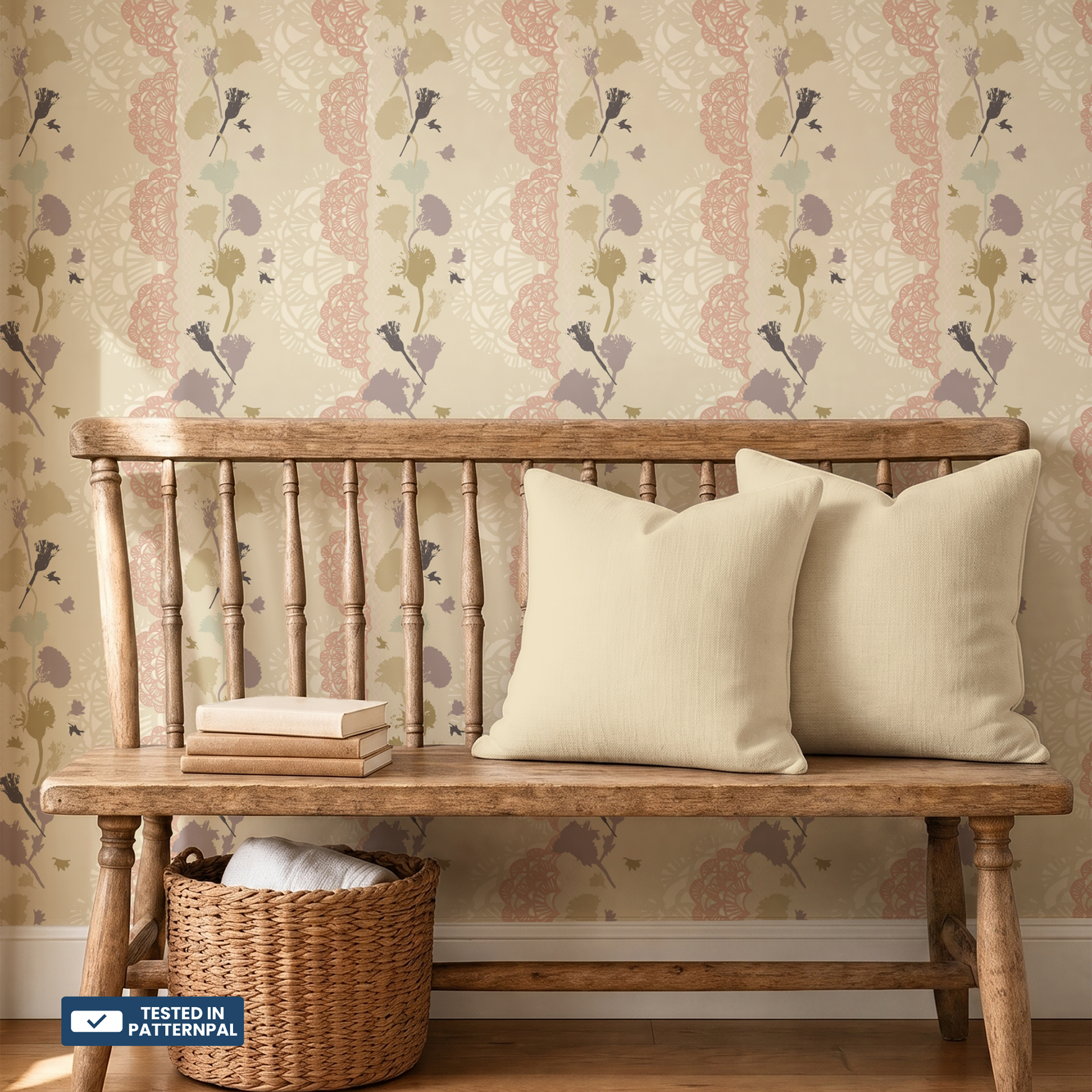 Entranceway with rustic wooden bench and soft neutral cushions, set against Heirloom Cottage doily‑stripe wallpaper in blush and neutral tones with touches of taupe and muted yellow, creating a warm vintage cottage feel.