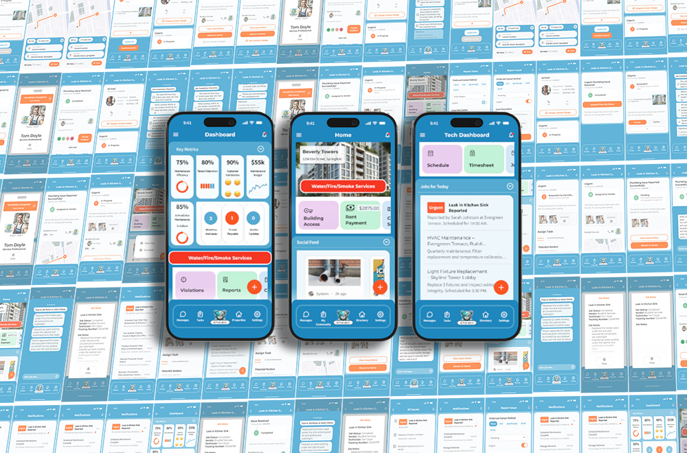 Three smartphone screens displaying the user interface of the PropertyWorx AI app, showcasing dashboards for tenants, property managers, and vendors. The background features a collage of additional UI screens.