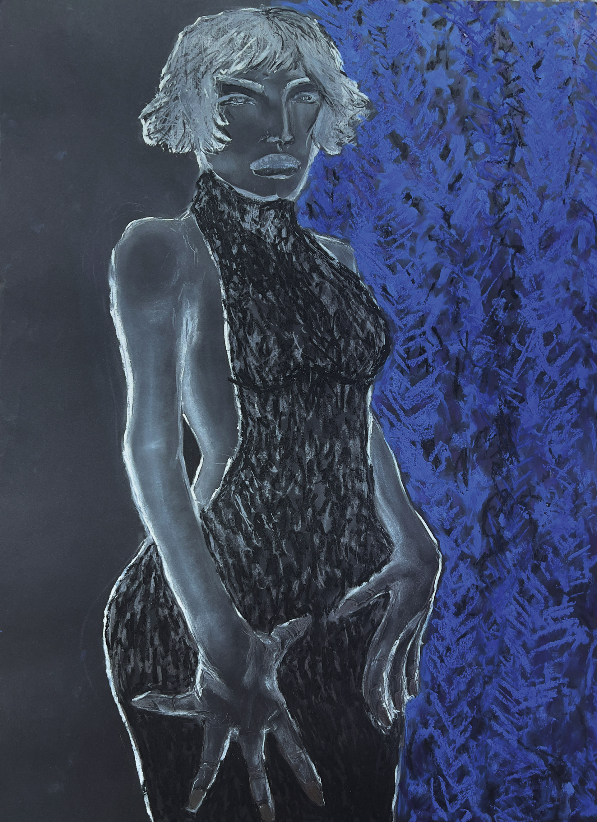 big blue diva, oil/charcoil/ graphite/ wax/ oil pastels/ chalk, 2025