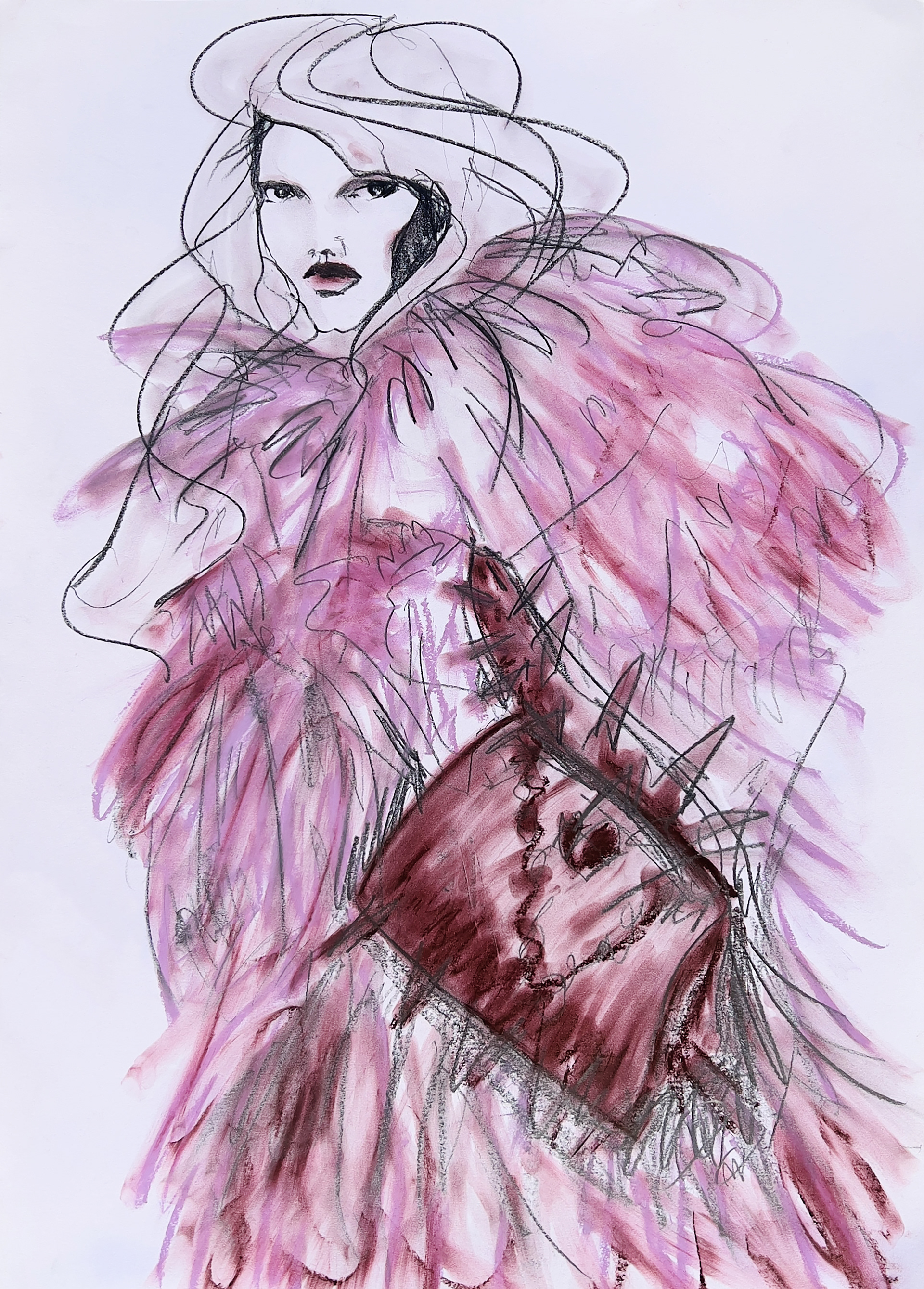 shopping diva, graphite/ oil pastels, 2025