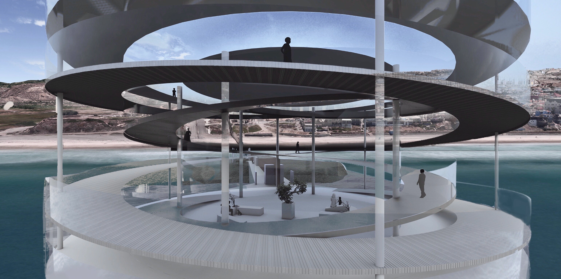 Rendering of the observatory part of the design intervention. The observatory extends across the water past the edge of the border.