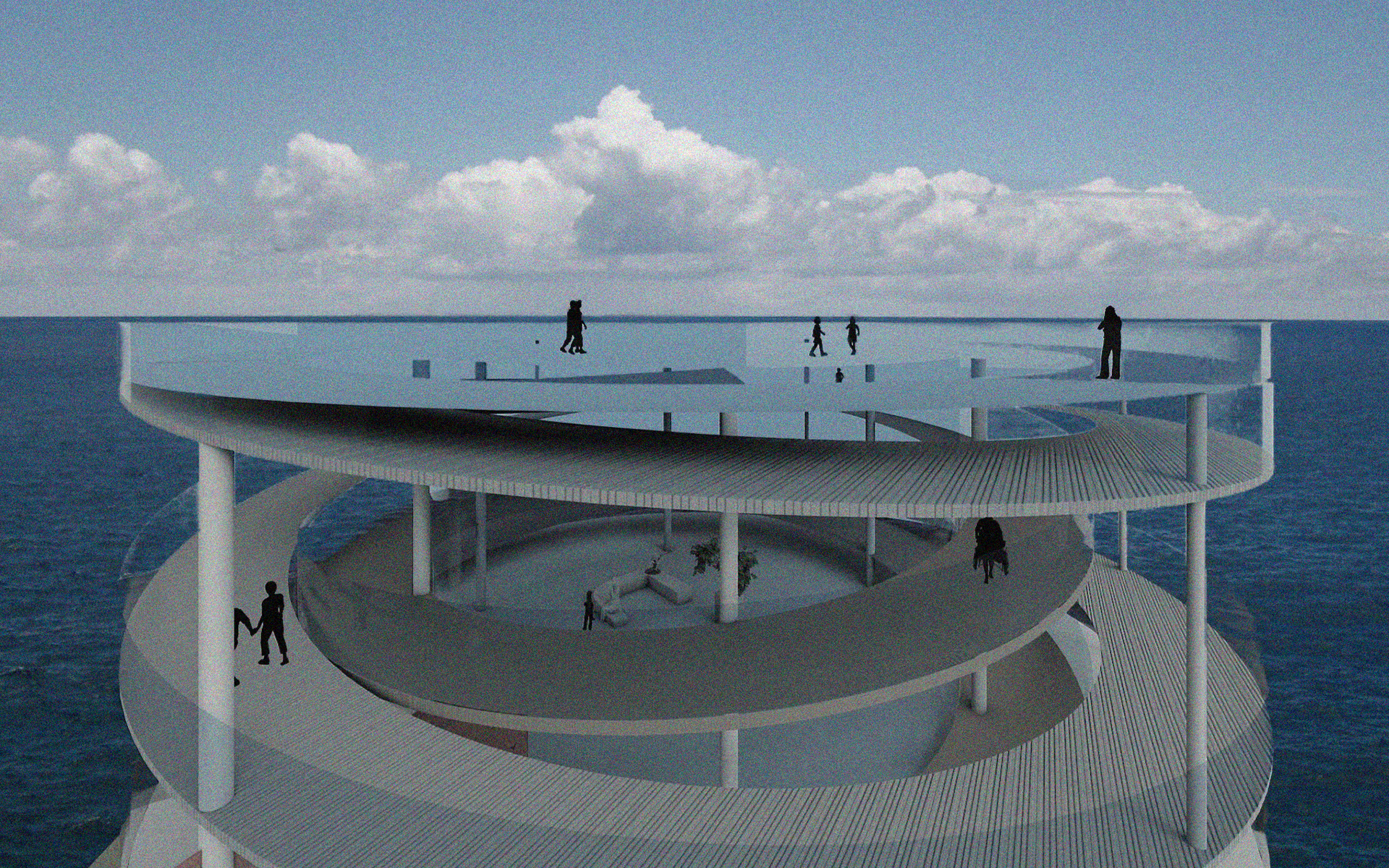 Perspective of the observatory from the top floor, which is open to both communities on either side of the border.