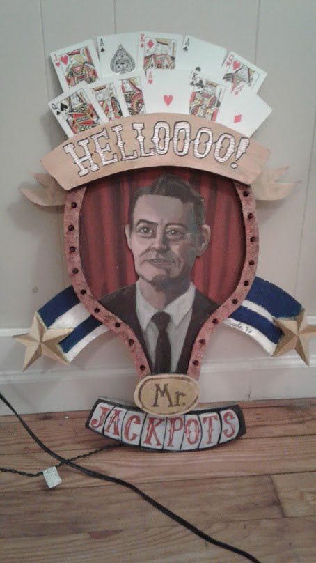Custom built jigsaw cut light up sign and portrait of Dale Cooper from Twin Peaks