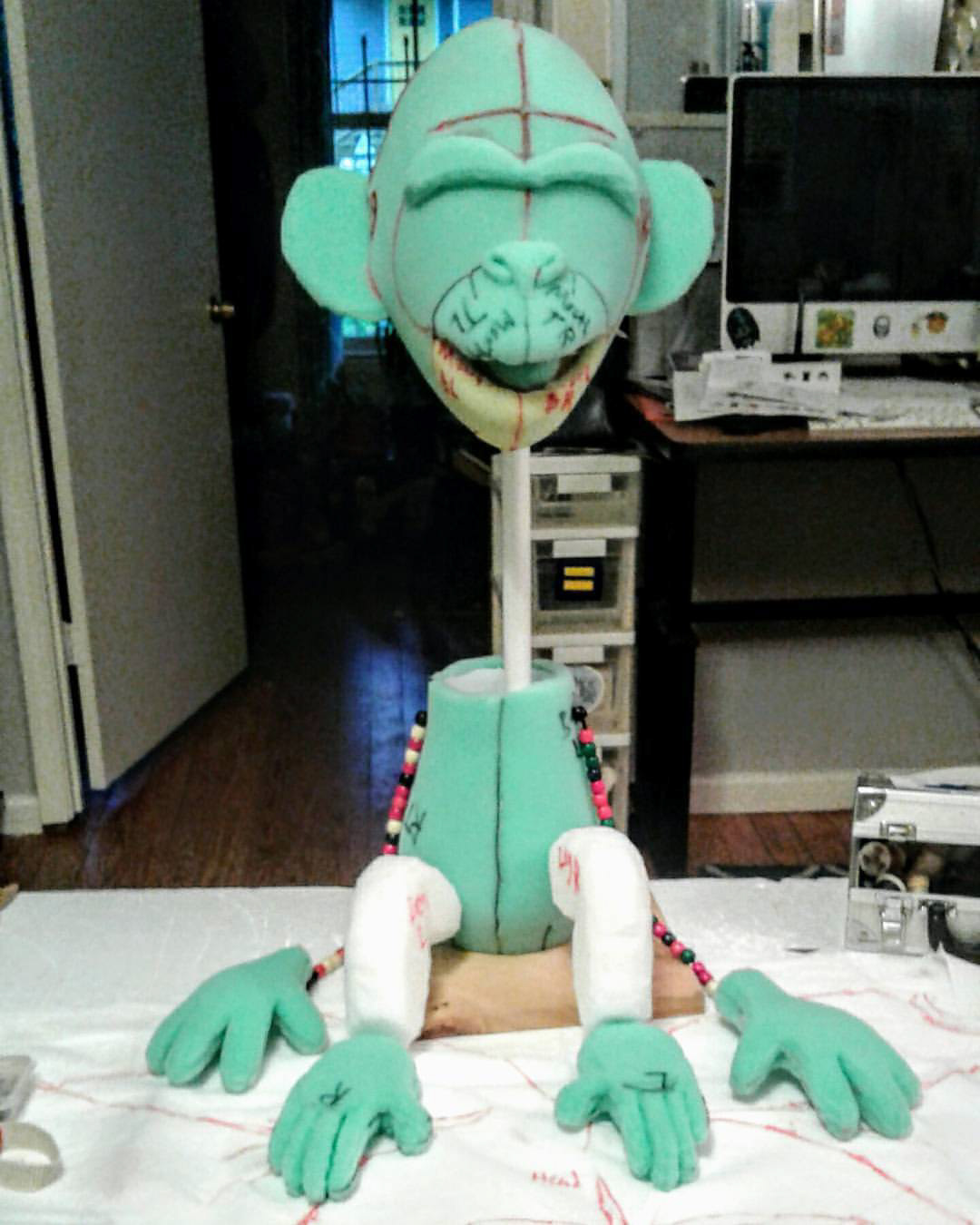 Foam construction of monkey puppet design for The Monkey and the Popcorn