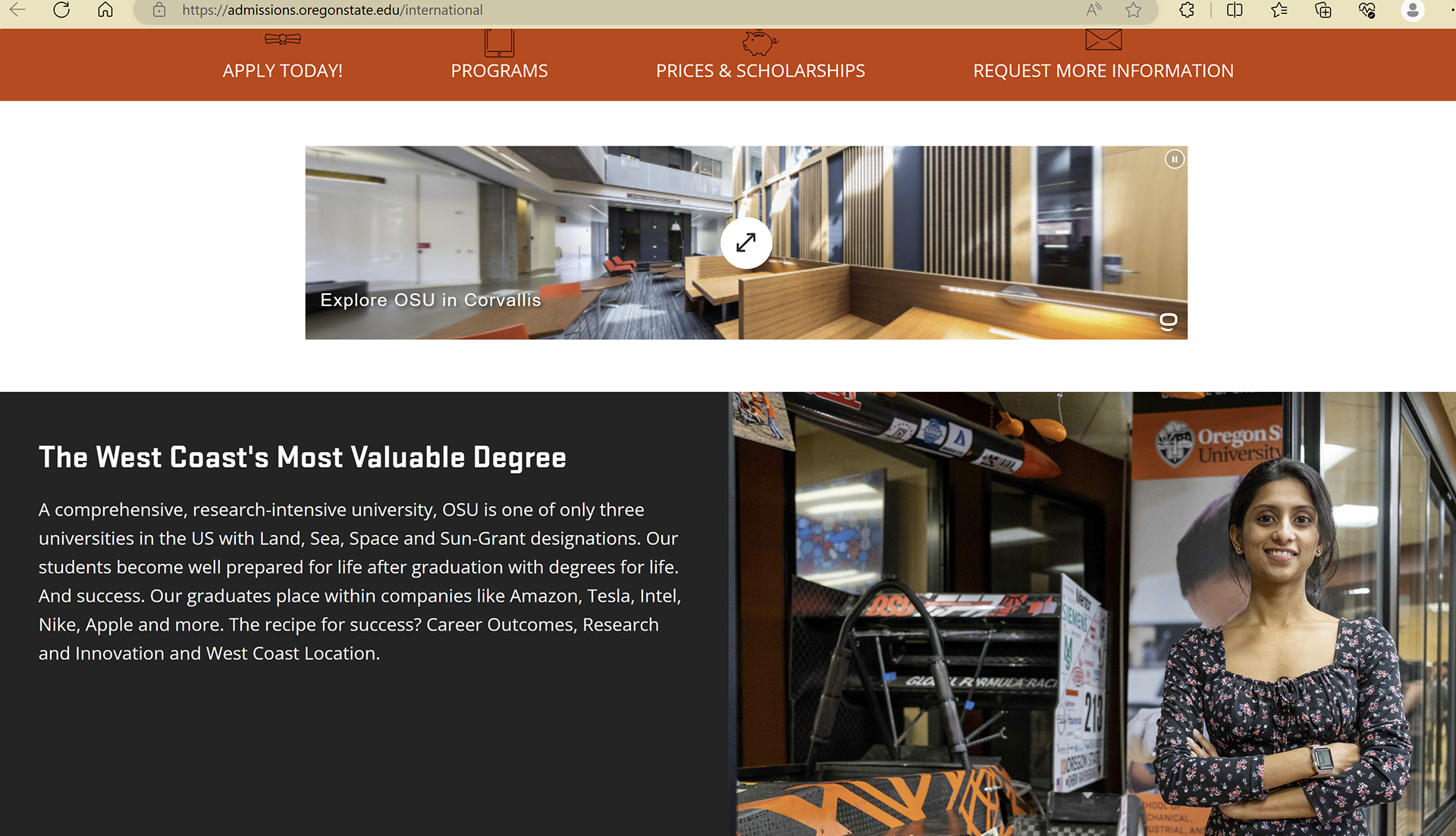 Photo to the right of the "The West Coast's Most Valuable Degree" was taken by me. Featured on the OSU international admissions website.
