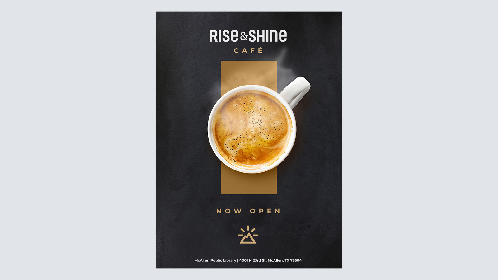 Poster con taza de café humeante anunciado la apertura de Café