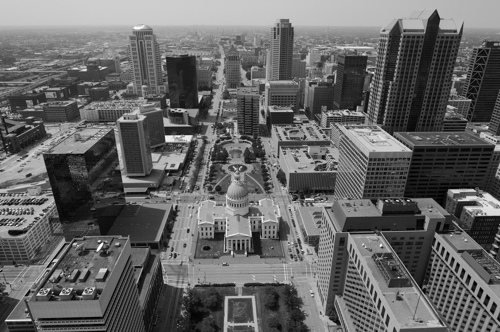 An aerial view from a helicopter of downtown St. Louis, including the Old Courthose prominent in the middle of the photo.