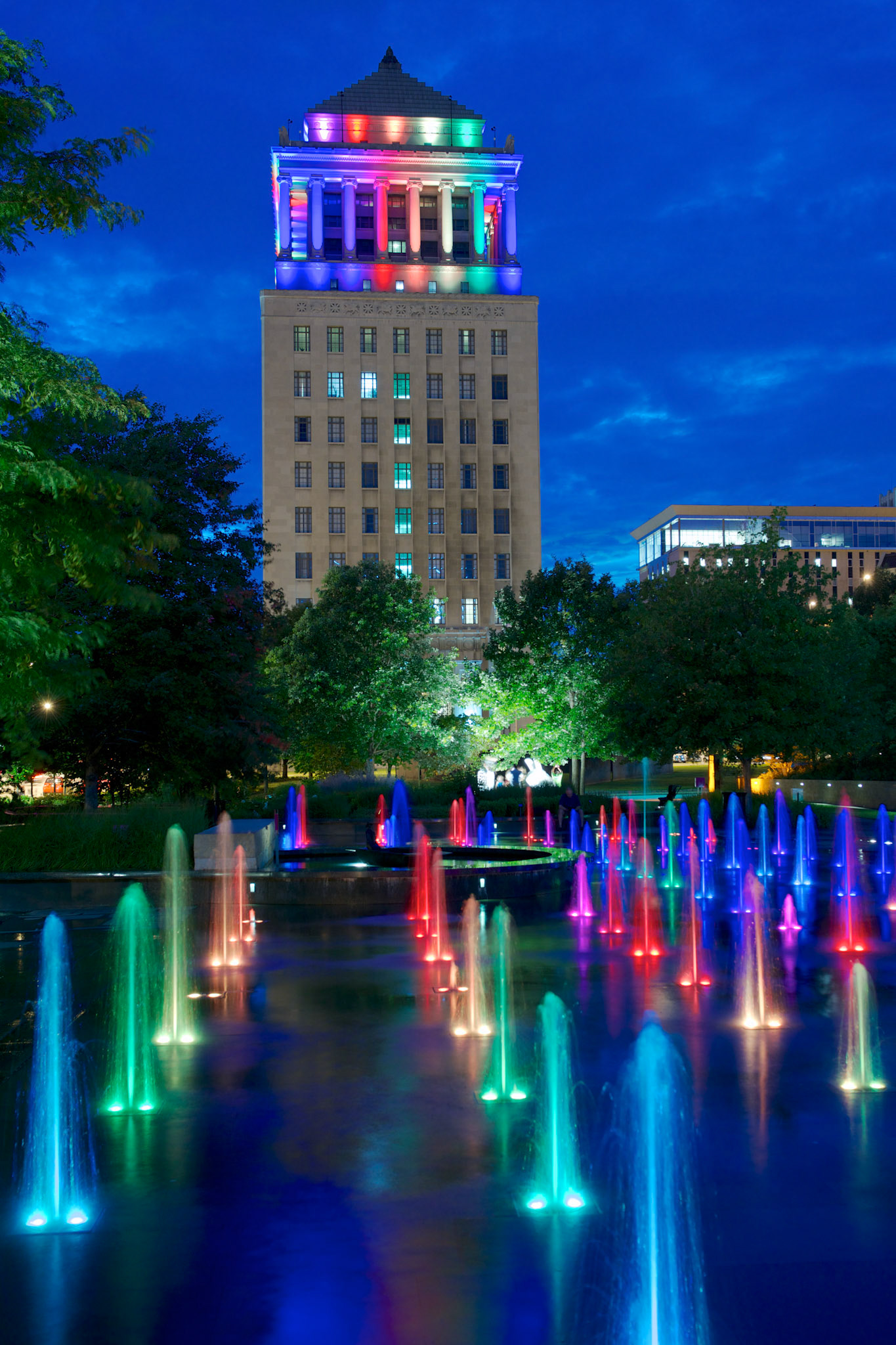 Fountains in Citygarden with the Civil Courts building in the background on June 27, 2013.