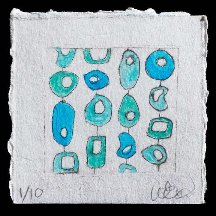 "Palm Springs", tiny intaglio, ink, and colored pencil print. Open Print Exchange 2024