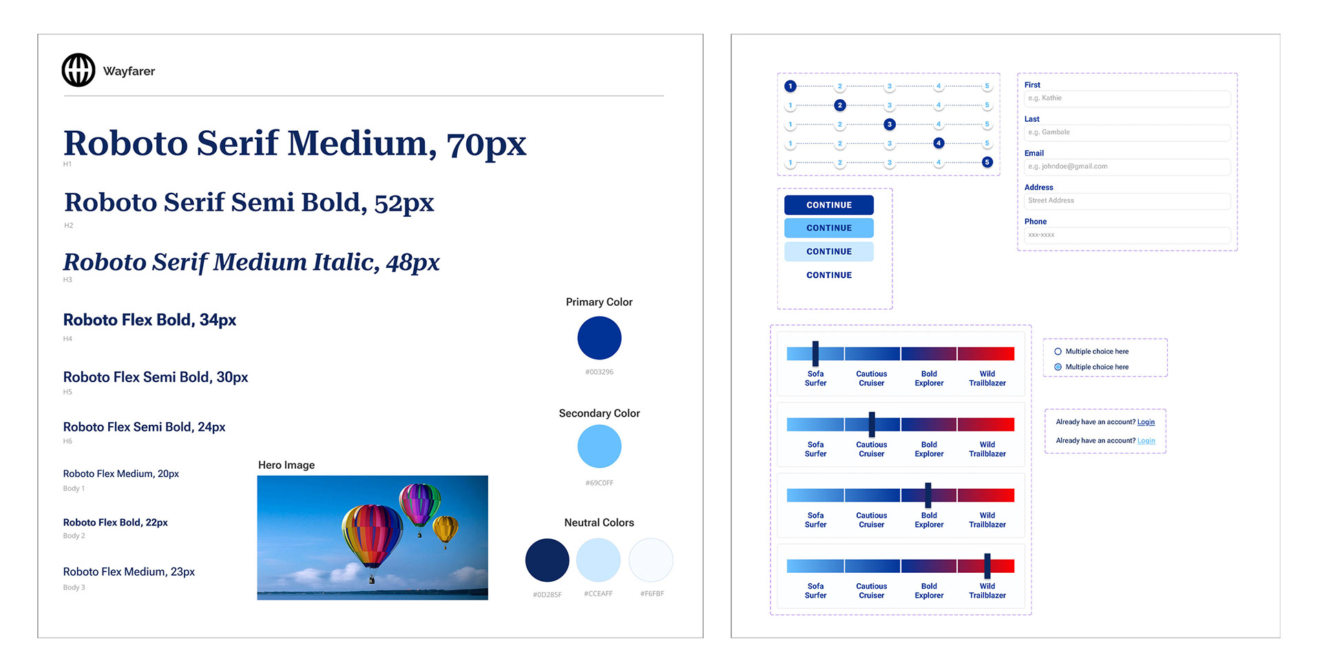 Style Tile showcasing font and color choices, along with key UI components.