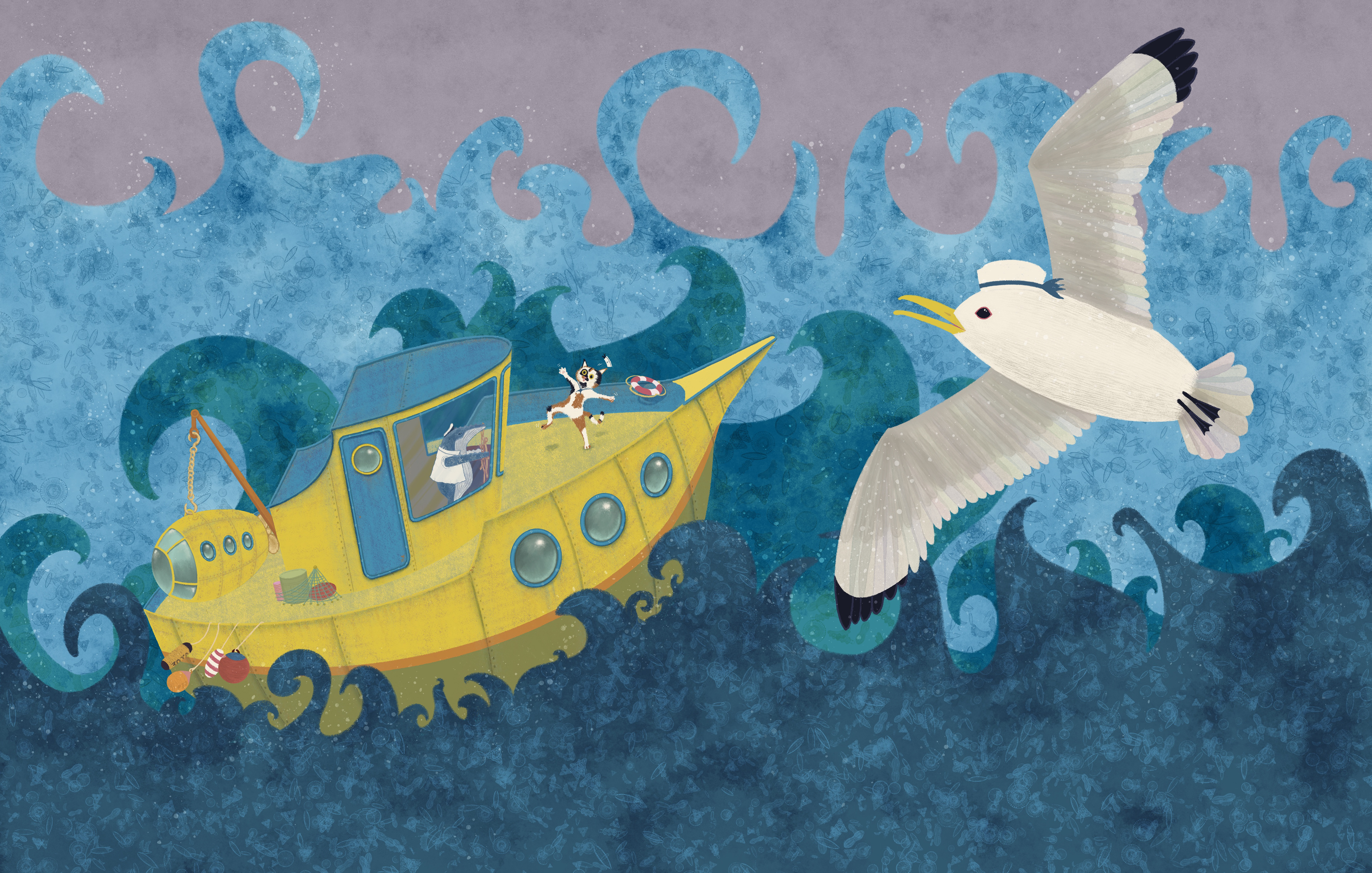 A storm! Seagull keeps a lookout whilst Captain Whale expertly pilots the ship. Written and illustrated by Amber Ravenscroft 