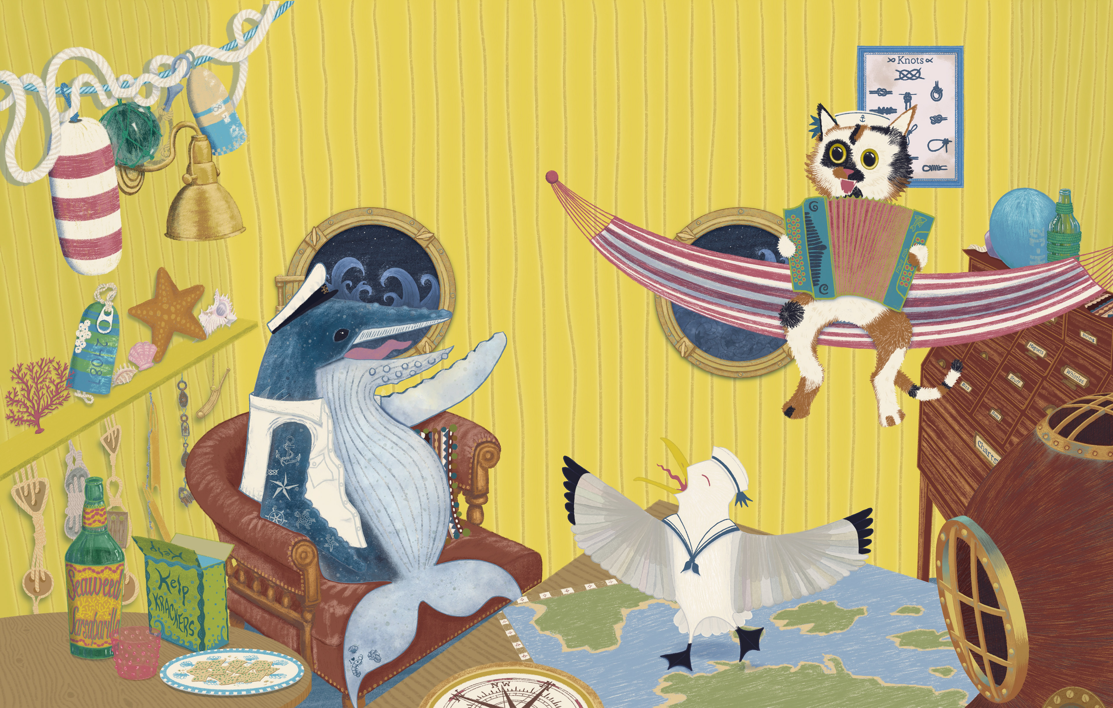 Meet Captain Whale & Crew, at night, they sing their favourite sea shanties together and The Ship’s Cat plays the accordion. Written and illustrated by Amber Ravenscroft 