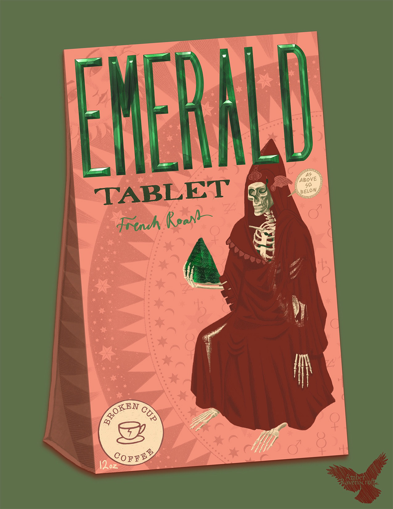 Coffee package design. Emerald Tablet, featuring Hermes Trismegistus 