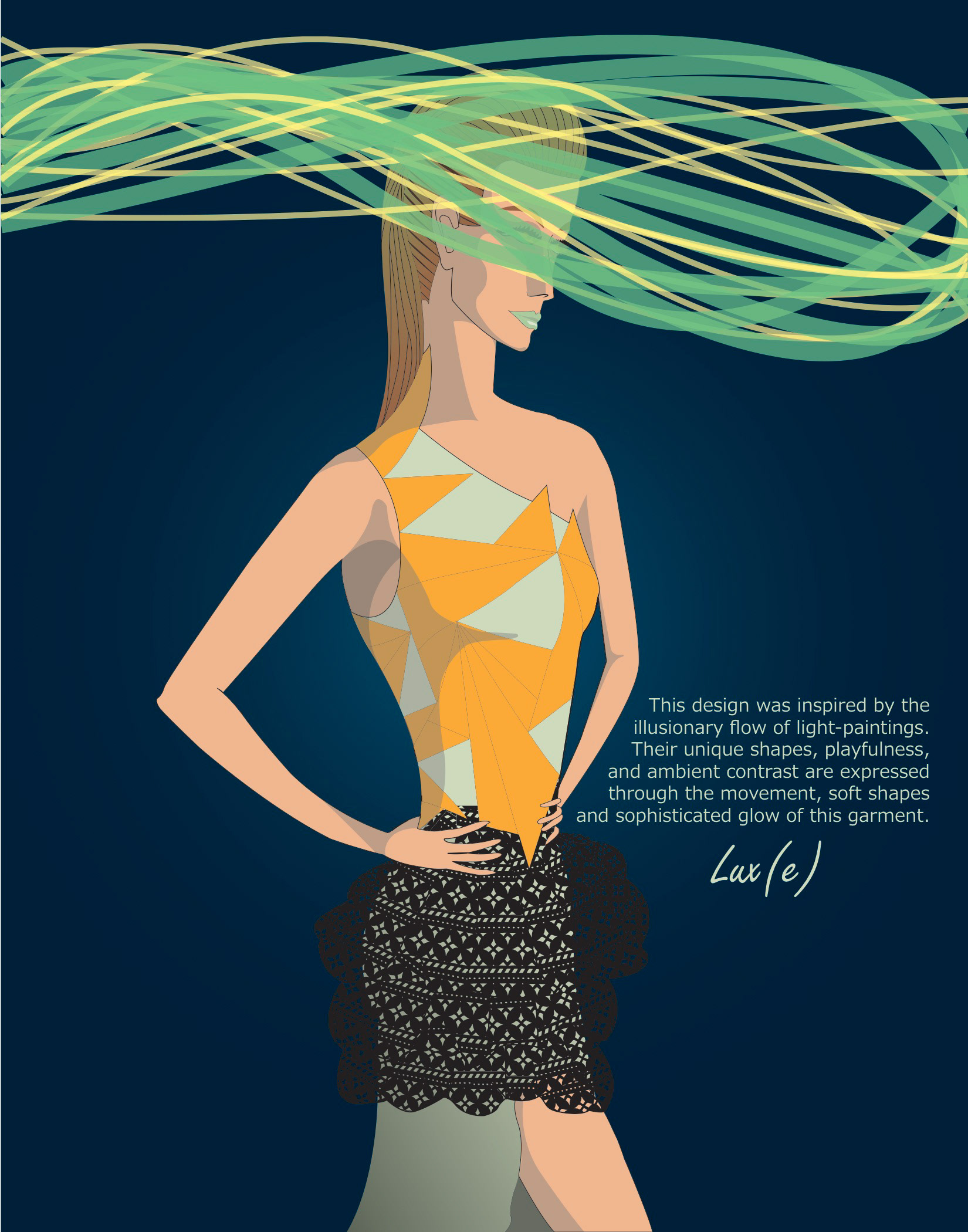 This design was inspired by the illusionary flow of light-paintings. Their unique shapes, playfulness, and ambient contrast are expressed through the movement, soft shapes and sophisticated glow of this garment.