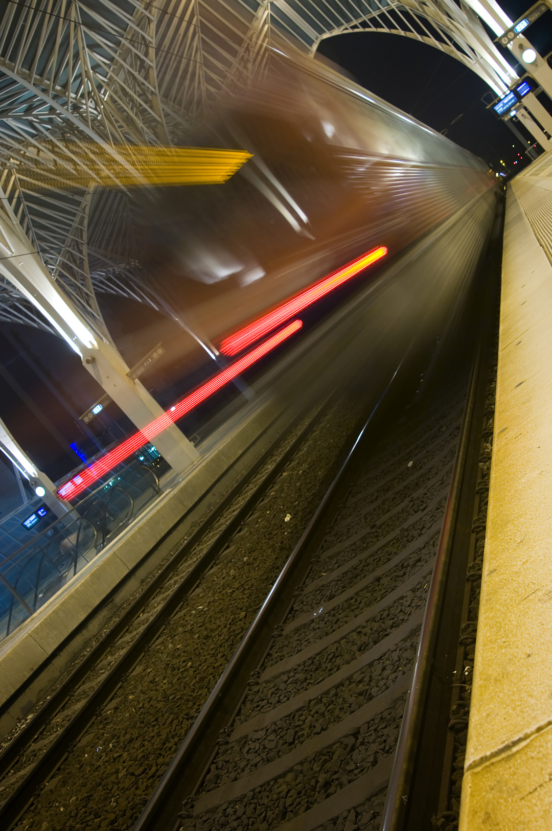 Train departing in the Oriente station of Lisbon, designed by Santiago Calatrava. 