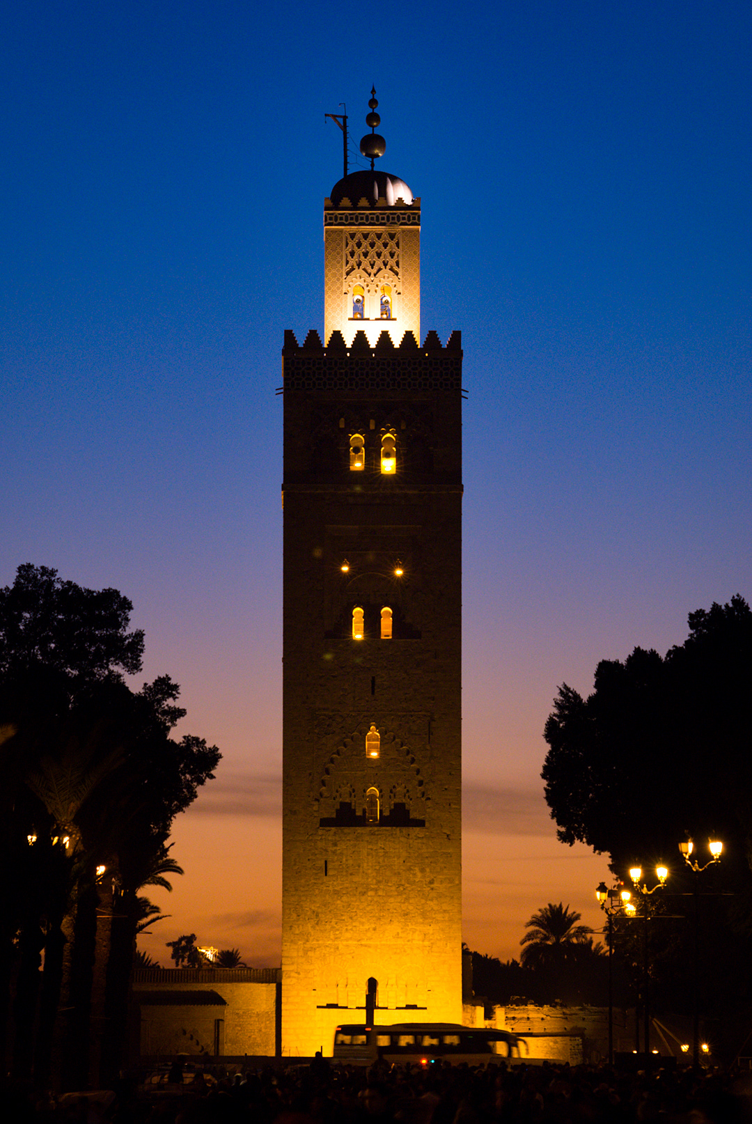 Koutoubia Mosque's minaret from Djemaa el Fna square in Marrakech.