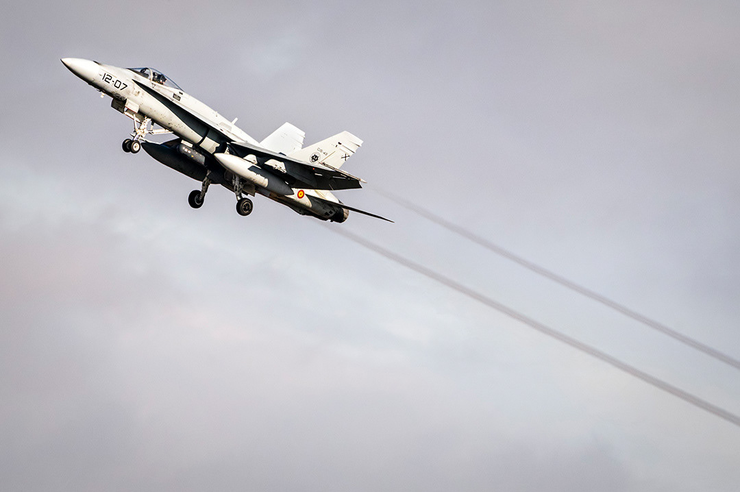 Spanish McDonnell Douglas F18 Hornet in flight..