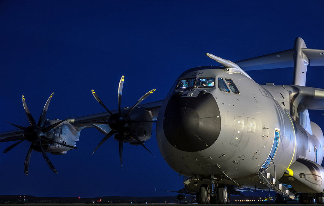 Airbus A400 of the Spanish Air Force at dusk.
