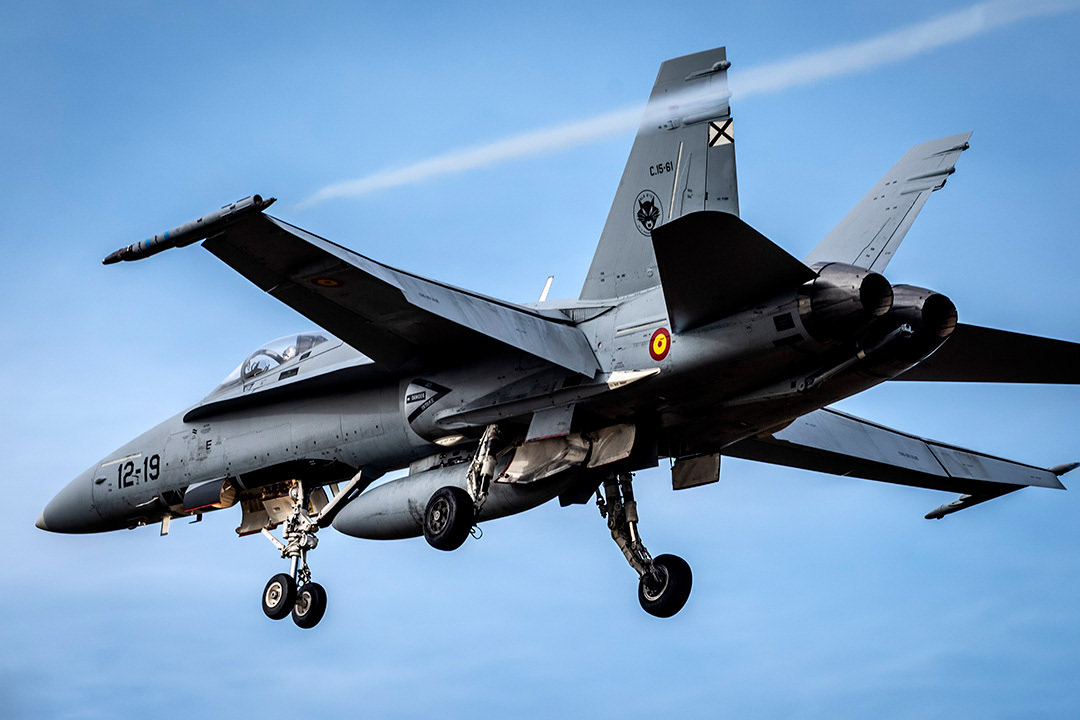 Spanish McDonnell Douglas F18 Hornet in flight..