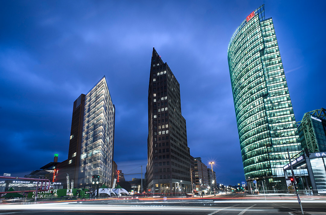 Skyscraper in Potsdamer Platz at dawn.