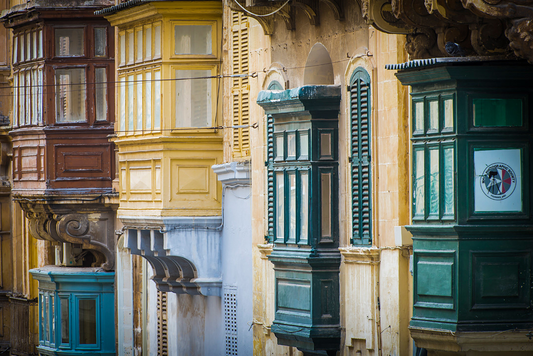 Typical maltese balconies in the streets of Valletta. 