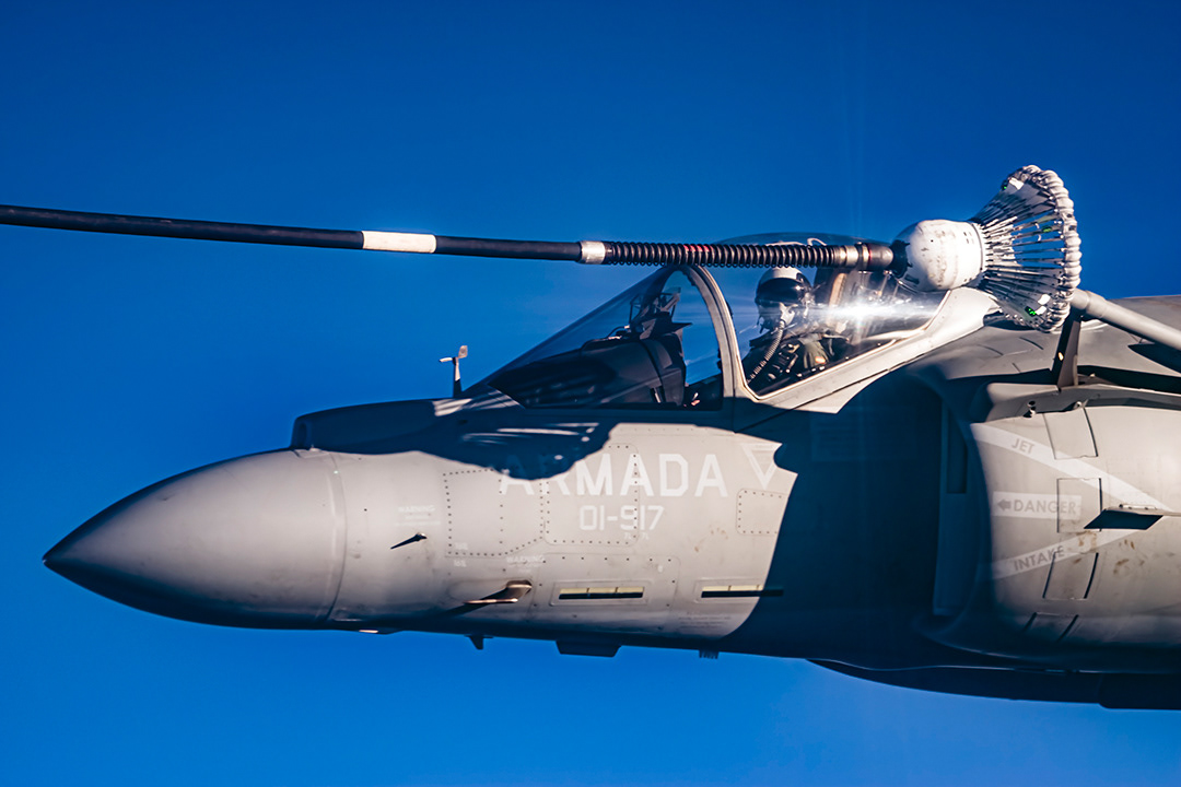 AV-8B Harrier II Plus of the 9th Aircraft Squadron of the Spanish Navy refueling in flight from a Boeing 707 of the 47 Spanish Air Force Group (Nov. 2007).