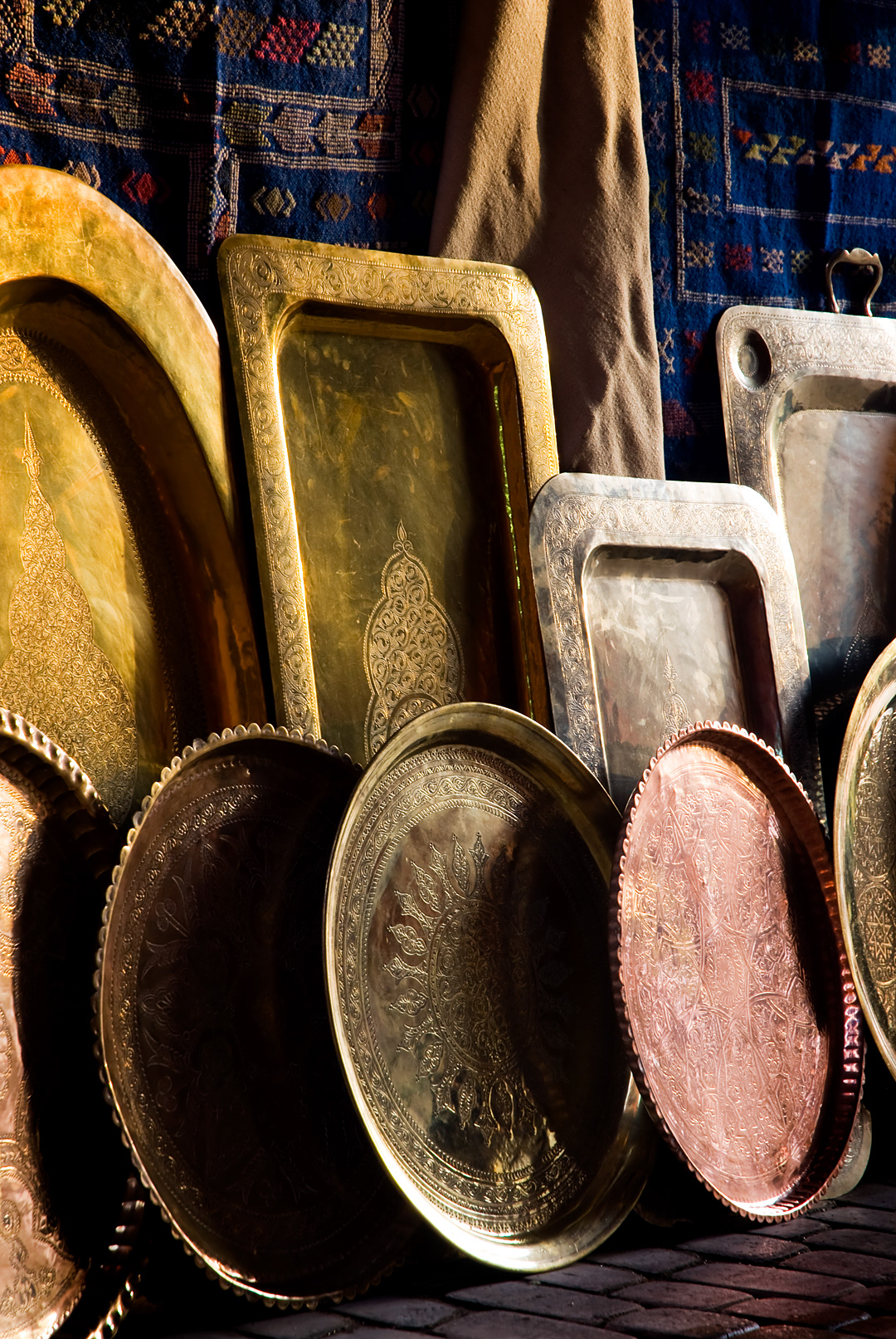 Bronze trays in a store of Marrakech.