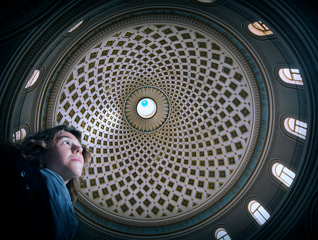 Interior view of the dome of the Church of the Assumption of Our Lady (Also known as the Rotunda of St Marija Assunta). 