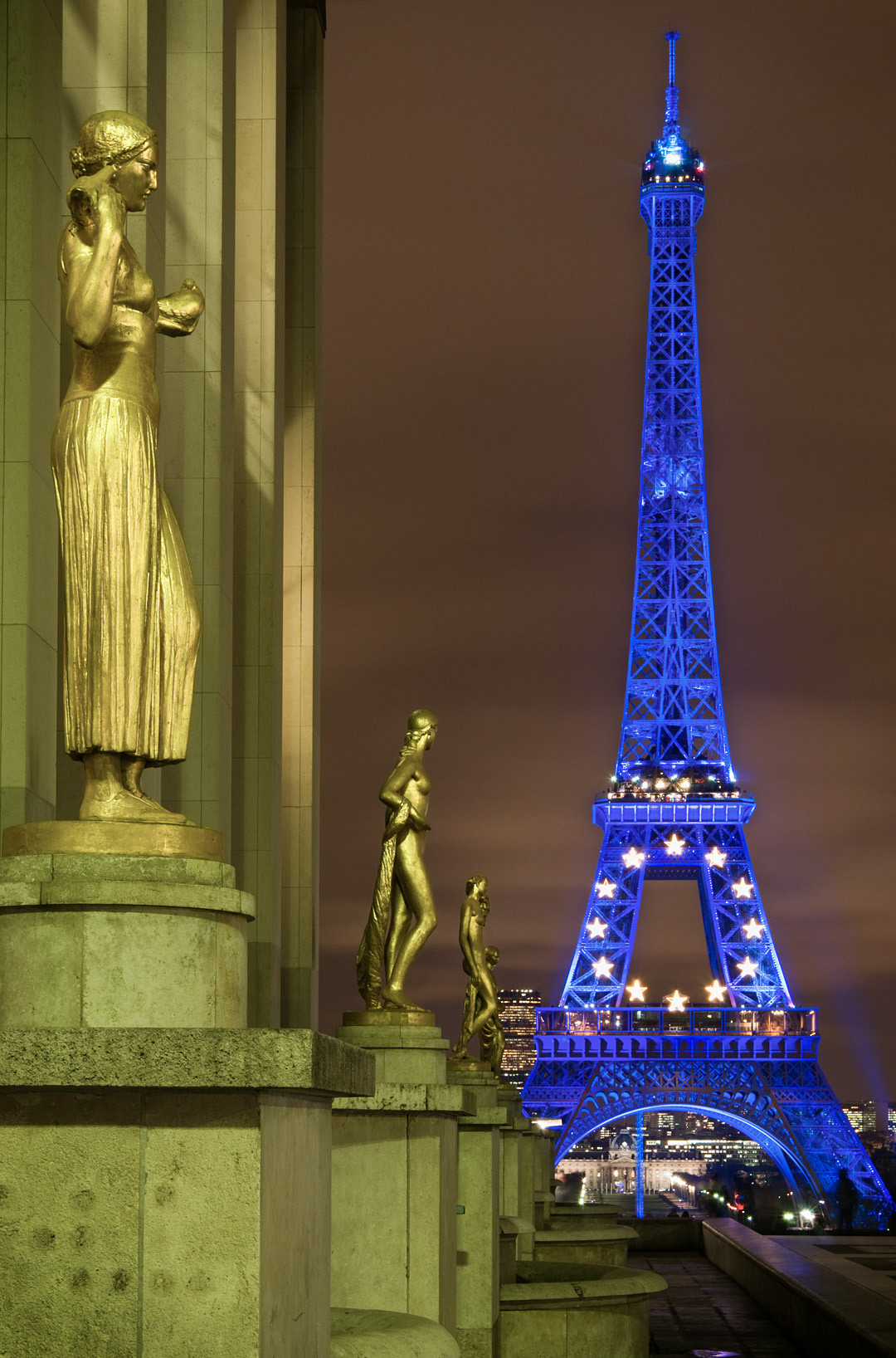 Paris. View of the Eiffel Tower at night taken from the Trocadéro. 