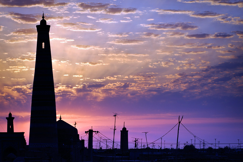   Khiva. Ichon-Qala skyline at sunrise. 