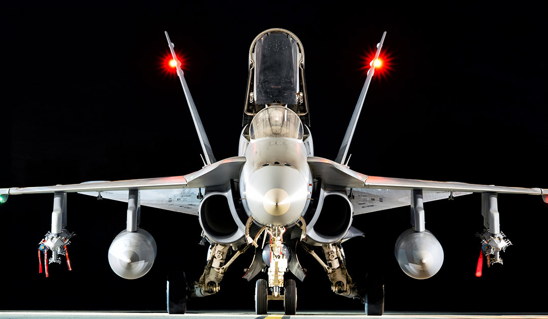 Spanish McDonnell Douglas F18 Hornet at night.