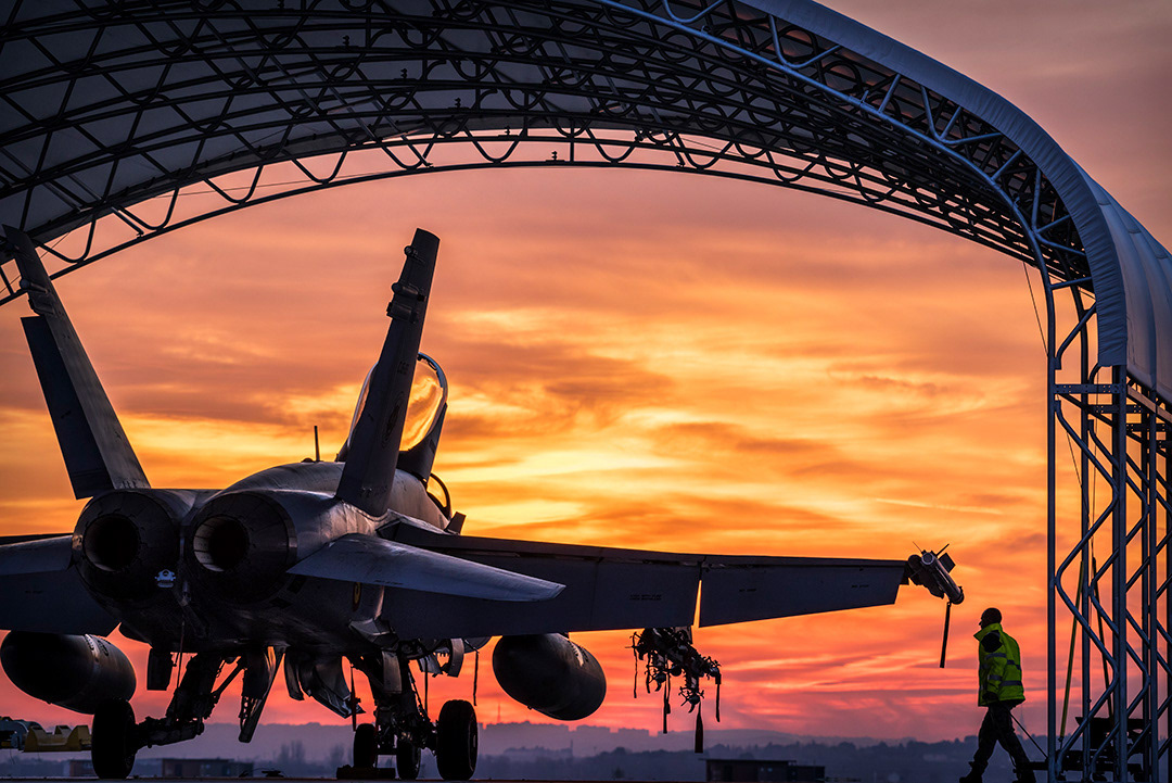 Spanish McDonnell Douglas F18 Hornet at sunset.