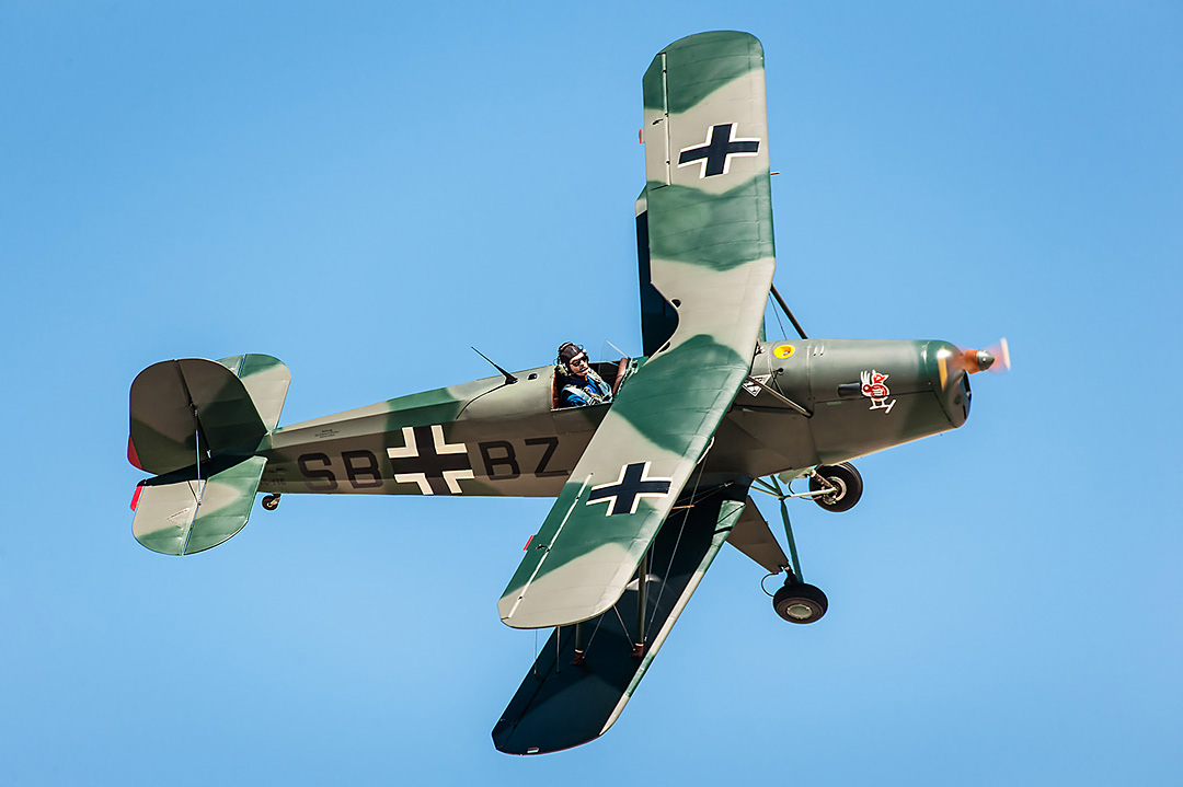 Bücker Bü131 Jüngmann of the Fundación Infante de Orleans at an air show at the Cuatro Vientos aerodrome, Madrid (2012).