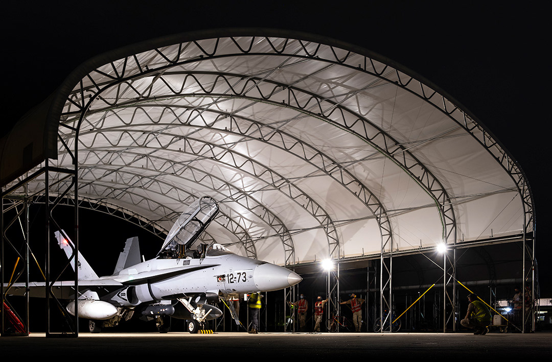 Spanish McDonnell Douglas F18 Hornet at night.