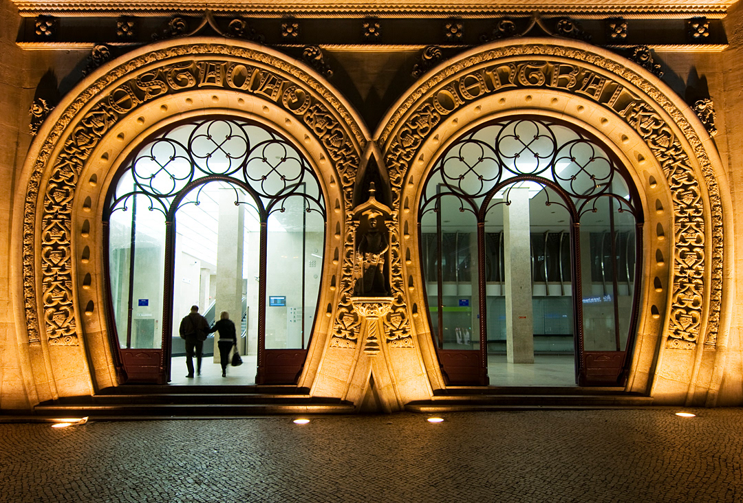 Ornate carved entrance portico to Rossio train station in Lisbon. 