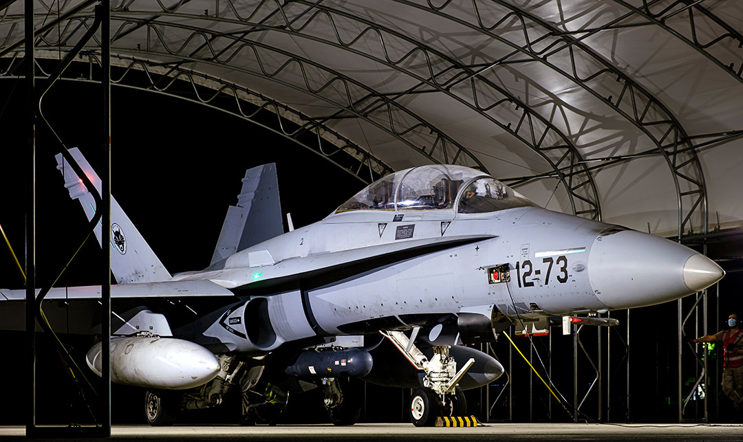 Spanish McDonnell Douglas F18 Hornet at night.