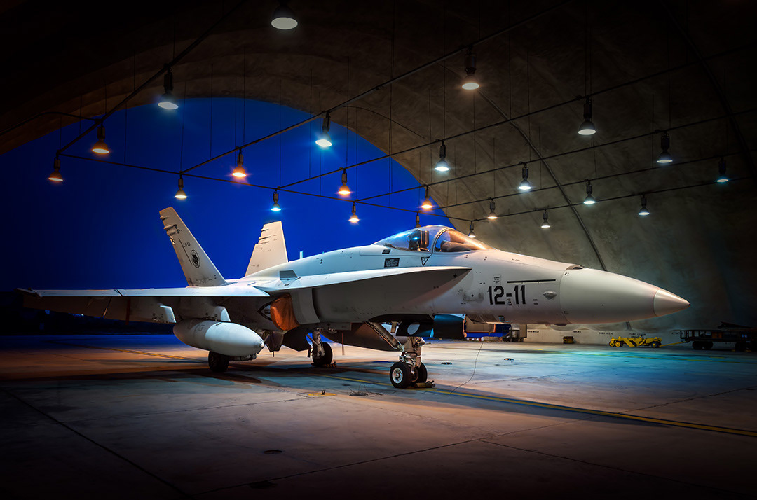 Spanish McDonnell Douglas F18 Hornet at night.
