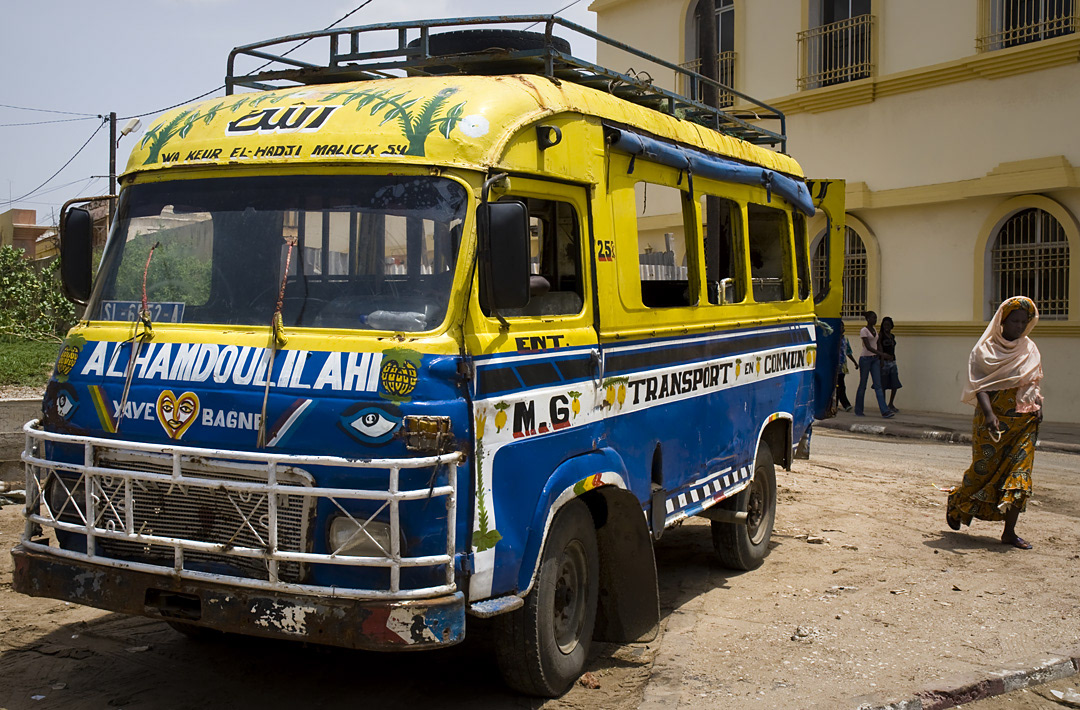 Public transport (also called 'Car Rapide') in the streets of Saint-Louis du Senegal. 